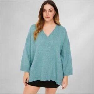 Pull & Bear Womens Oversized Boxy Teal V-Neck Knit Sweater